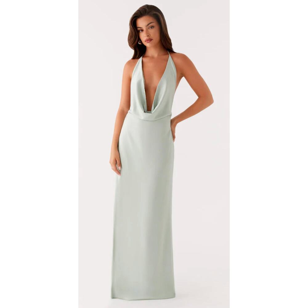 Peppermayo Noemi Sage Green Halter Maxi Dress NWT Size 6 Open Back Formal
